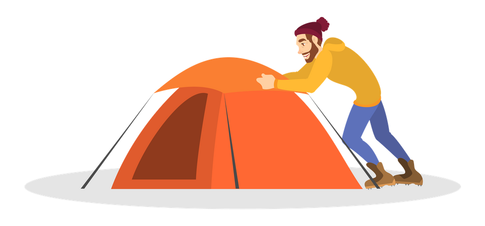 Male camper installing tent  Illustration