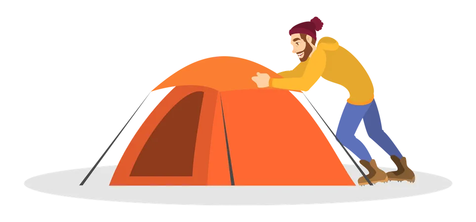 Male camper installing tent  Illustration