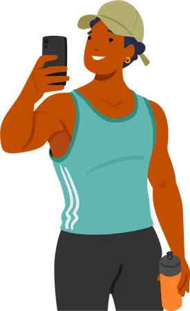 Gym Goer Male Character Capturing Selfie Mid Workout Showcasing Dedication And Progress Motivational Image Capturing Effort And Determination In Fitness Pursuits Cartoon People Vector Illustration Illustration