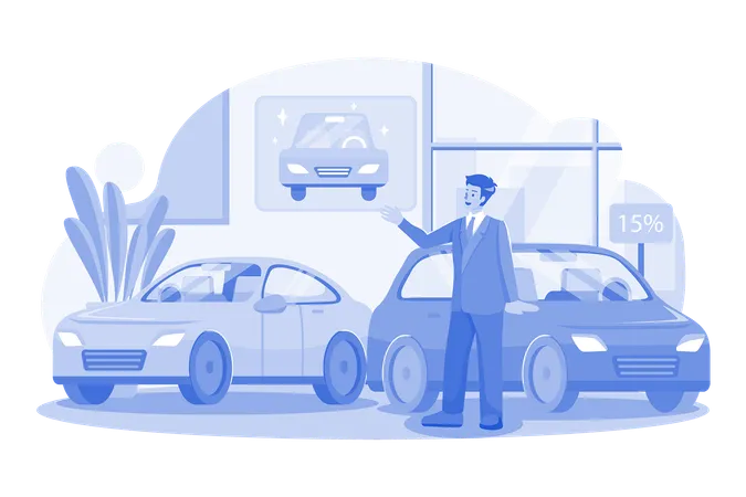 Male Car Agent In A Car Showroom Illustration