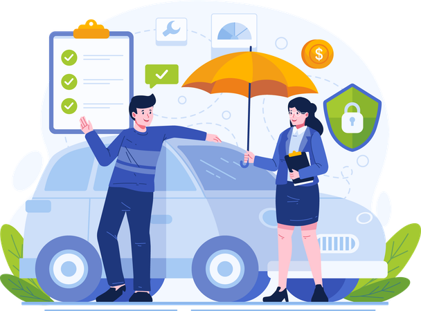 Male Car Owner With His Car Under an Umbrella Held by a Female Insurance Agent  Illustration