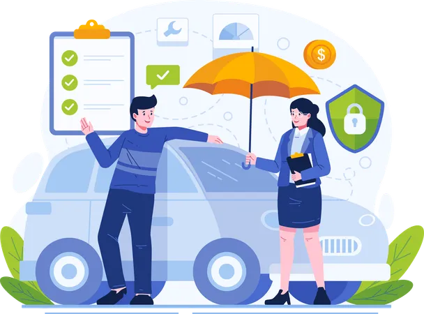 Car Insurance Concept Illustration A Male Car Owner With His Car Under An Umbrella Held By A Female Insurance Agent Accident Protection For Vehicles Safety Assurance Service イラスト