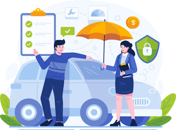 Male Car Owner With His Car Under an Umbrella Held by a Female Insurance Agent  Illustration