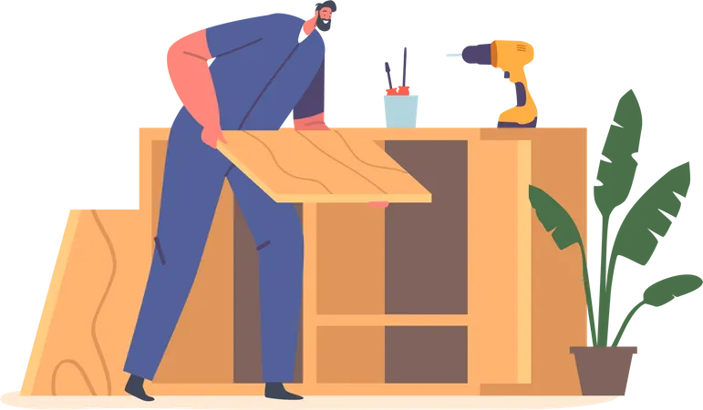 Worker Male Character Assembling Wooden Furniture Using Tools And Fasteners Man Grouping Parts Fitting And Securing Joints And Finishing Surfaces Cartoon People Vector Illustration Illustration