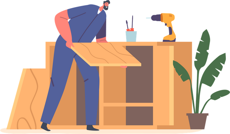 Male Carpenter Assembling Wooden Furniture Using Tools  Illustration