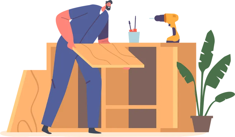 Male Carpenter Assembling Wooden Furniture Using Tools  Illustration