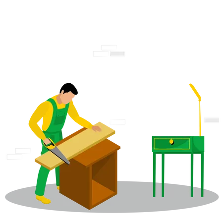 Male carpenter cutting wood  Illustration