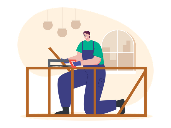 Male carpenter cutting wooden  Illustration