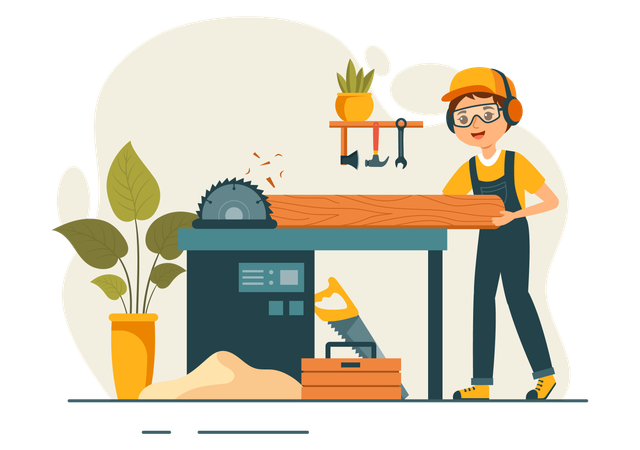 Male Carpenter cutting wooden on cutter machine  Illustration