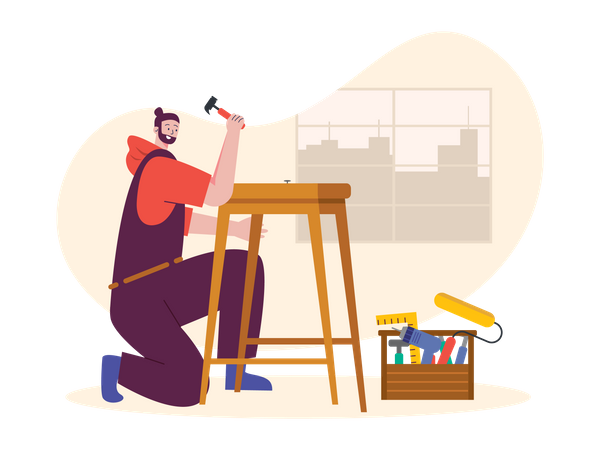 Male carpenter making stool  Illustration