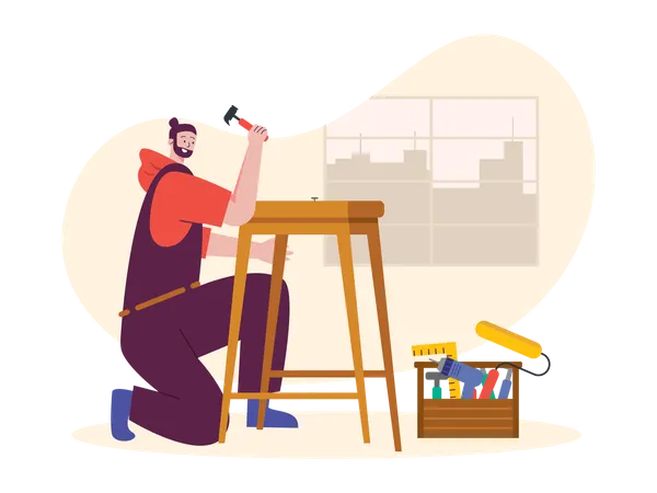 Male carpenter making stool  Illustration