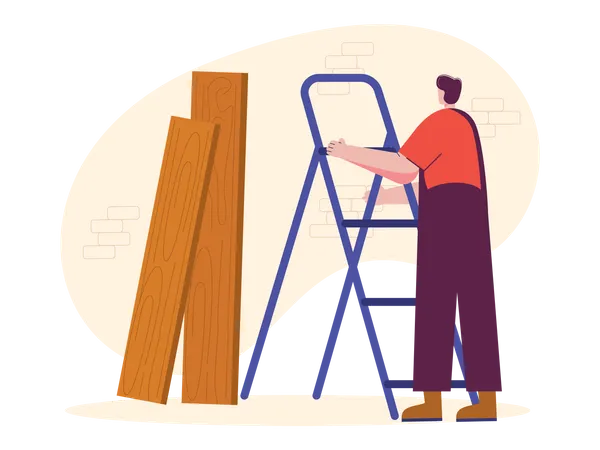 Male carpenter with wooden and ladder  Illustration
