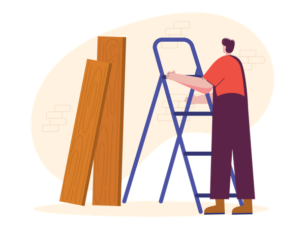 Male carpenter with wooden and ladder  Illustration