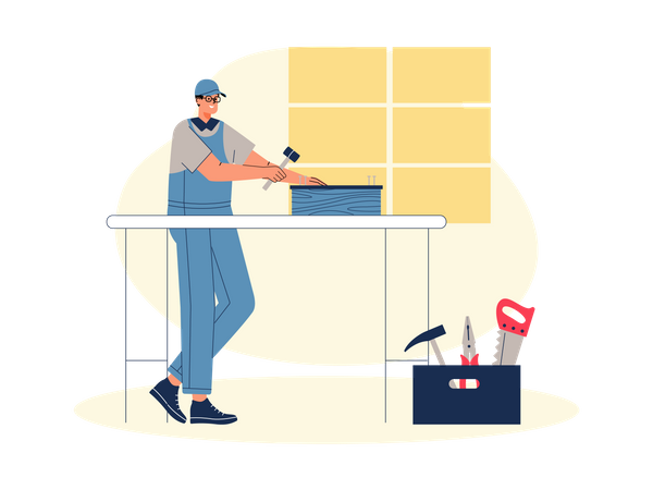 Male Carpenter Work In Carpentry Workshop  일러스트레이션