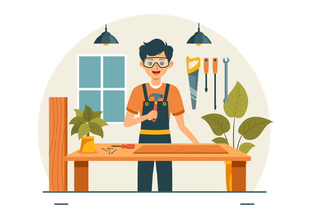 Male carpenter working in workshop  일러스트레이션