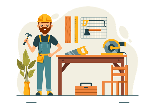 Male carpenter working in workshop with tool  Illustration