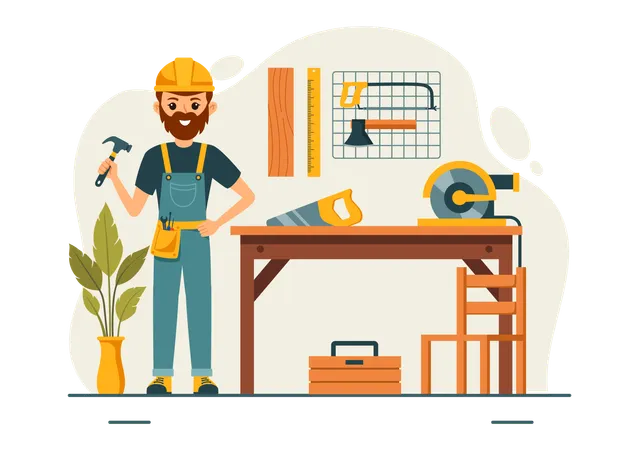 Male carpenter working in workshop with tool  Illustration