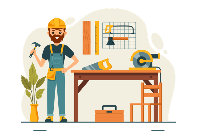 Male carpenter working in workshop with tool  일러스트레이션