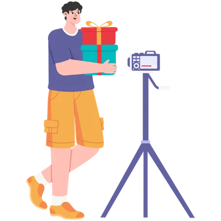 Male Carrying Shopping Box while making video  Illustration