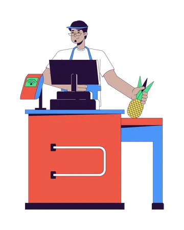 Arab Male Cashier Supermarket Checkout 2 D Linear Cartoon Character Terminal Grocery Store Merchant Isolated Line Vector Person White Background Sales Occupation Color Flat Spot Illustration Illustration