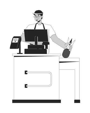 Arab Male Cashier Supermarket Checkout Black And White 2 D Line Cartoon Character Terminal Grocery Store Merchant Isolated Vector Outline Person Sales Occupation Monochromatic Flat Spot Illustration Illustration