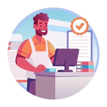 Male cashier standing at counter  Illustration