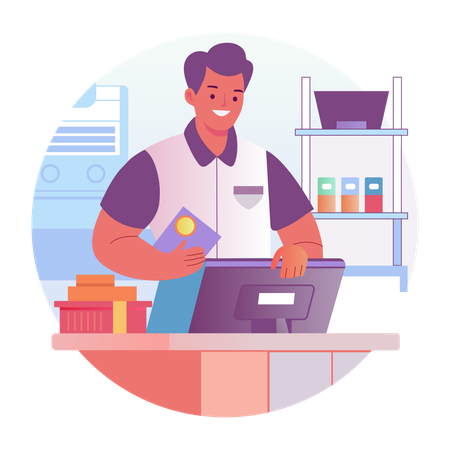 Male cashier standing on checkout counter  Illustration