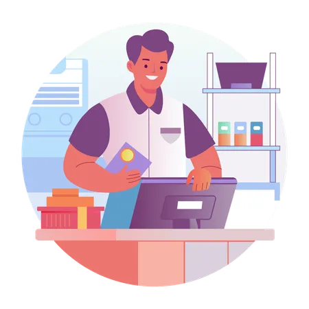 Male cashier standing on checkout counter  Illustration