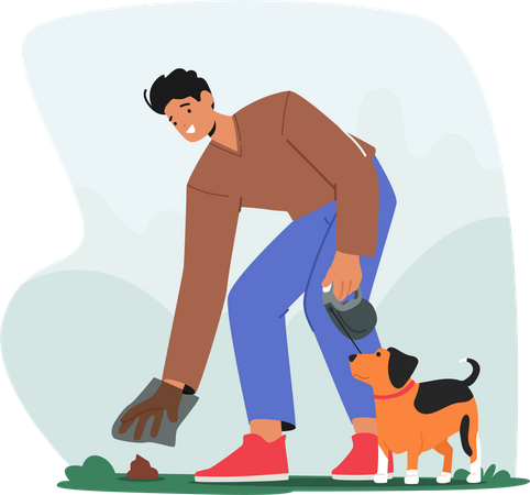 Male Character Cleaning Up Poop into Plastic Bag After his Dog in Park  Illustration