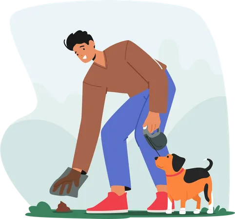 Male Character Cleaning Up Poop into Plastic Bag After his Dog in Park  Illustration