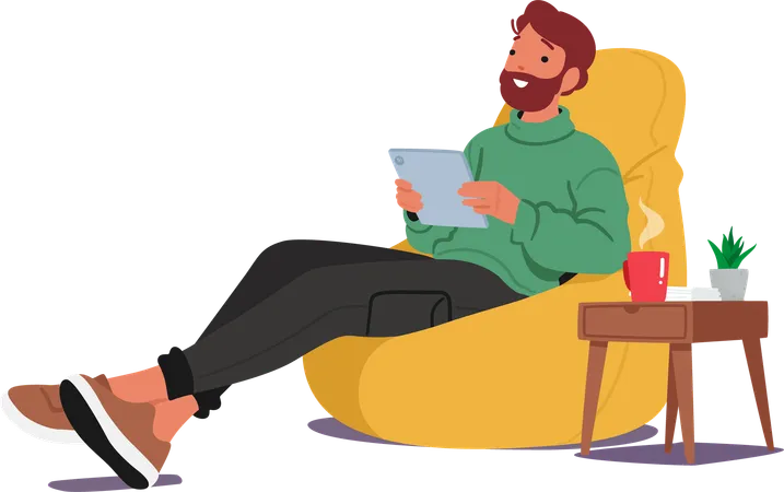 Male Character Comfortably Seated In An Armchair Engrossed In His Tablet  Illustration