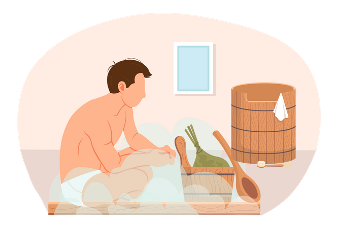 Male character in hot steam bath next to wooden font. Man is sitting and relaxing in sauna Illustration