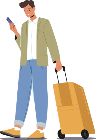 Male character in summer clothes hold luggage  Illustration