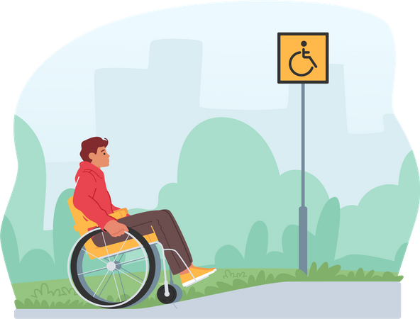 Male character in wheelchair ascending a ramp on street  Illustration