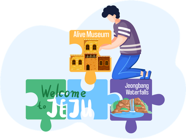 Male character puts puzzles of landmarks  Illustration
