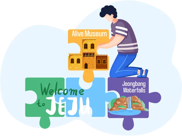 Male character puts puzzles of landmarks  Illustration
