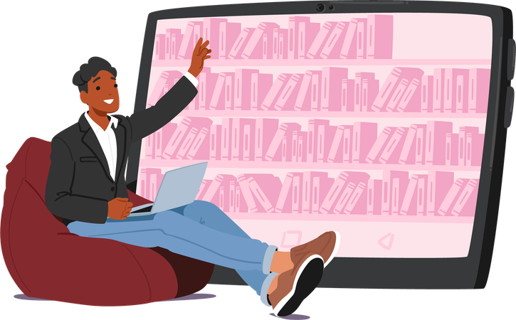 Male Character Sitting at Huge Table Pc Screen Using Online Library Services  Illustration