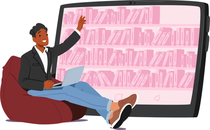 Male Character Sitting at Huge Table Pc Screen Using Online Library Services  Illustration