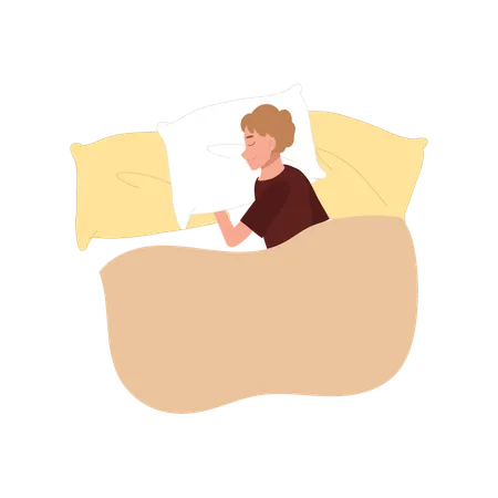 ベッドでパジャマを着て眠る男性キャラクター  イラスト