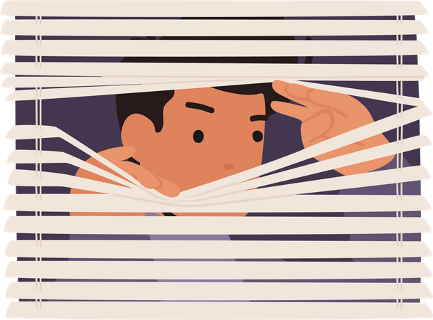 Male character spying through blinds on window Illustration