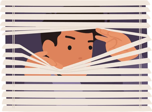 Male character spying through blinds on window Illustration