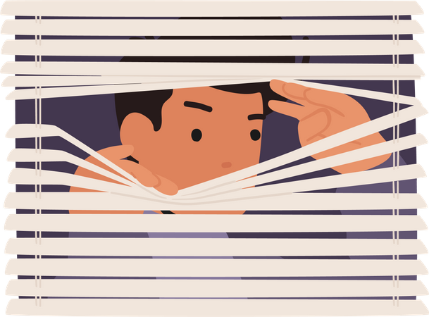 Male character spying through blinds on window  Illustration