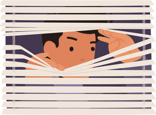 Male character spying through blinds on window  Illustration