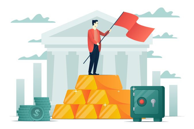 Male character standing on gold bars  Illustration