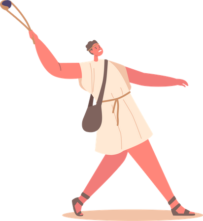 Male Character Throwing Stone With Sling  Illustration