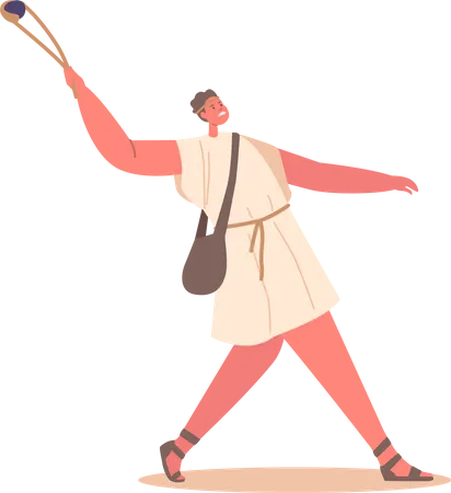 Male Character Throwing Stone With Sling  Illustration