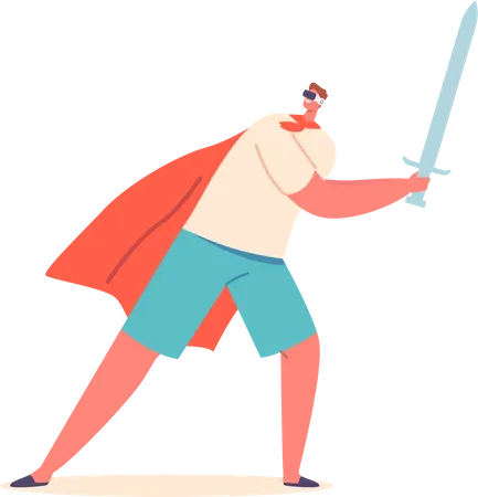 Male Character Wear Knight Cape Fighting with Sword in Cyber Space  Illustration