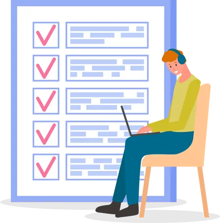Man Sitting With Laptop Near Big Paper Clipboard With Check Marks To Do List Successful Time Management Schedule Planning Male Character With Checklist Task Planner Program On Computer Illustration