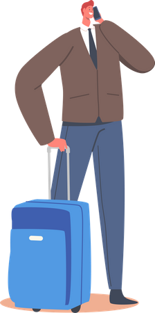 Male Character with Luggage Holding Smartphone in Hands Waiting Departure in Airport Terminal Area  Illustration