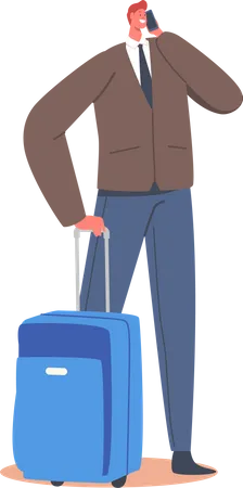 Male Character with Luggage Holding Smartphone in Hands Waiting Departure in Airport Terminal Area  Illustration